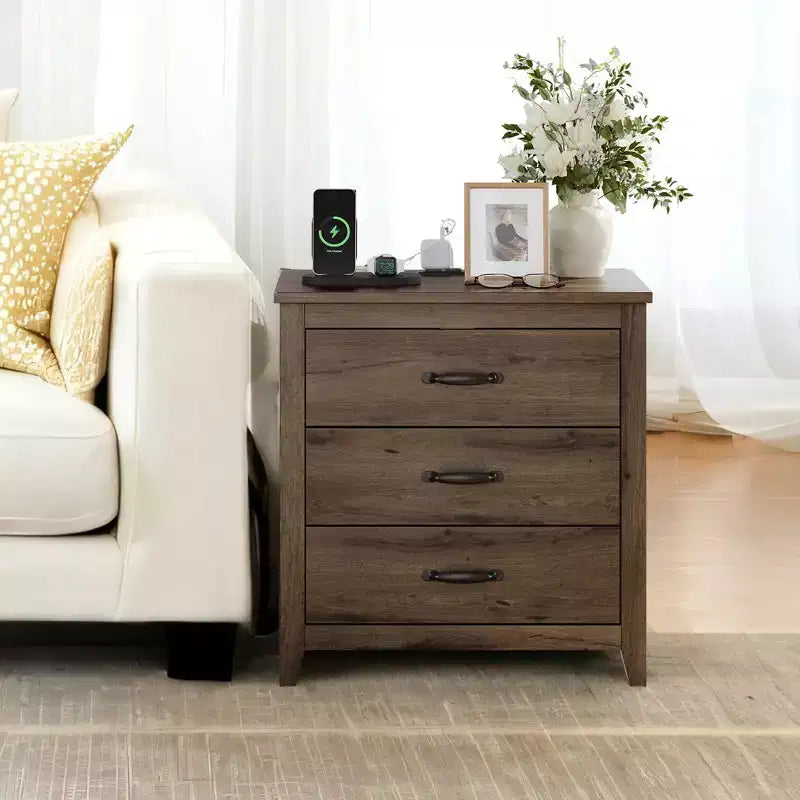 Table de chevet à 3 tiroirs en MDF avec station de charge 23,6"L × 24,8"H