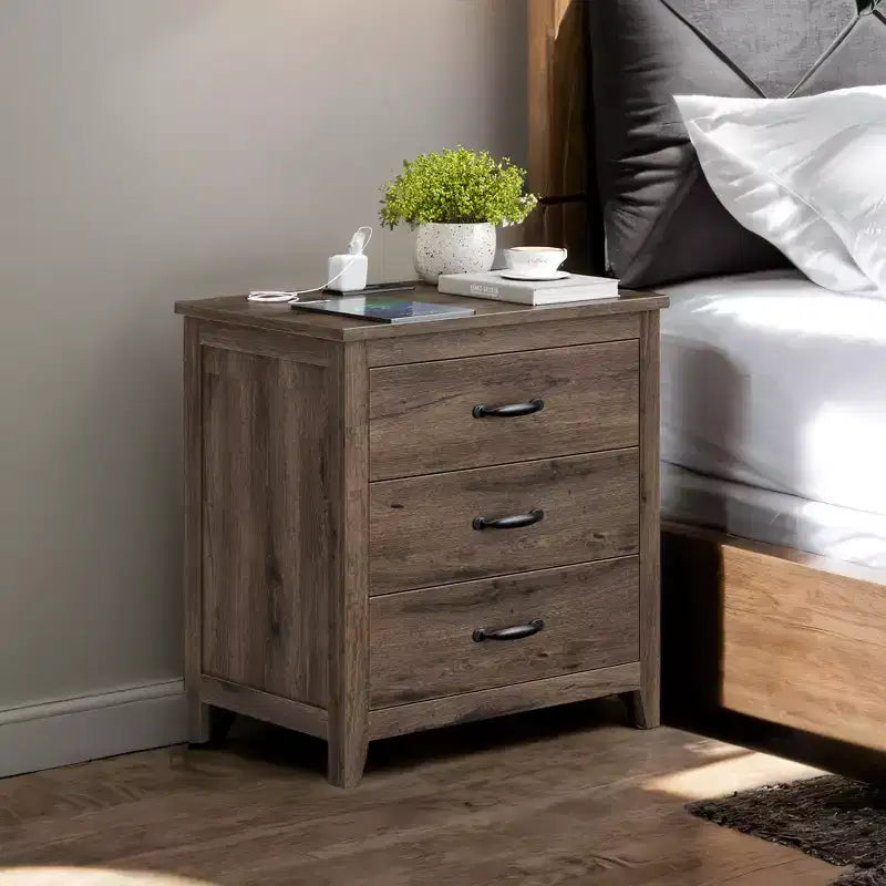Table de chevet à 3 tiroirs en MDF avec station de charge 23,6"L × 24,8"H