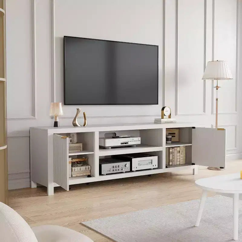 Meuble TV cannelé en bois avec étagères réglables pour téléviseurs jusqu'à 80 pouces
