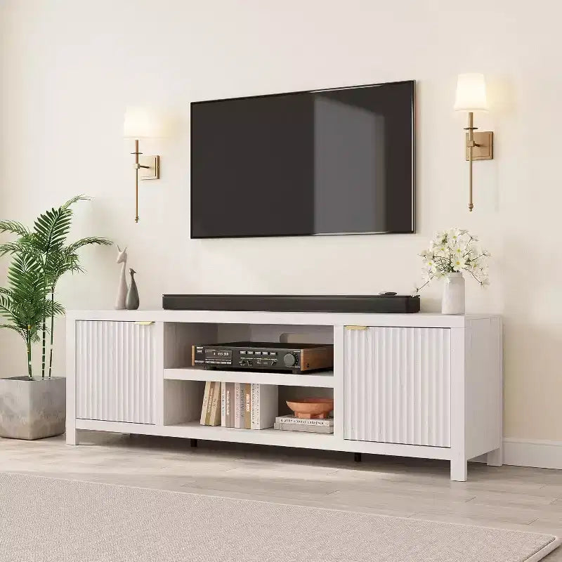 Meuble TV cannelé en bois avec étagères réglables pour téléviseurs jusqu'à 80 pouces