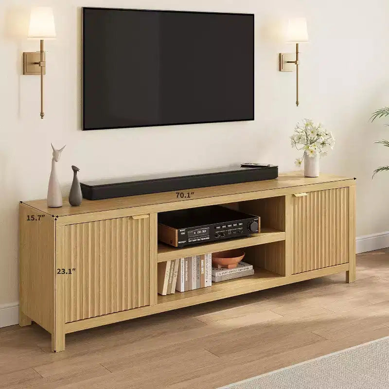 Meuble TV cannelé en bois avec étagères réglables pour téléviseurs jusqu'à 80 pouces