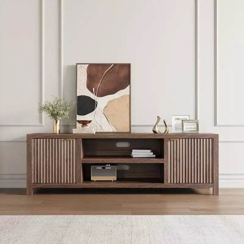 Meuble TV cannelé en bois avec étagères réglables pour téléviseurs jusqu'à 80 pouces