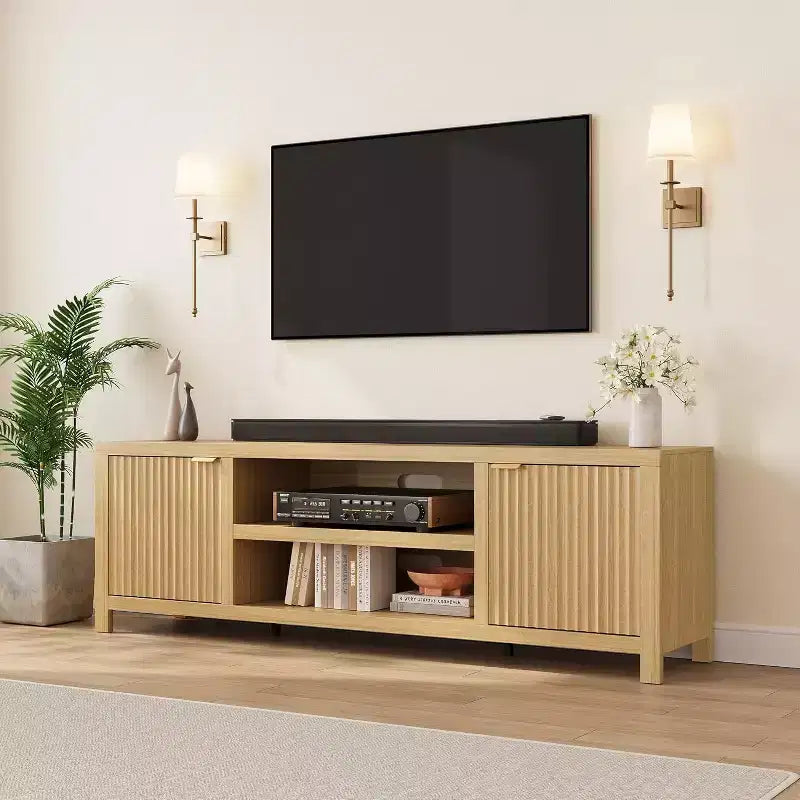 Meuble TV cannelé en bois avec étagères réglables pour téléviseurs jusqu'à 80 pouces
