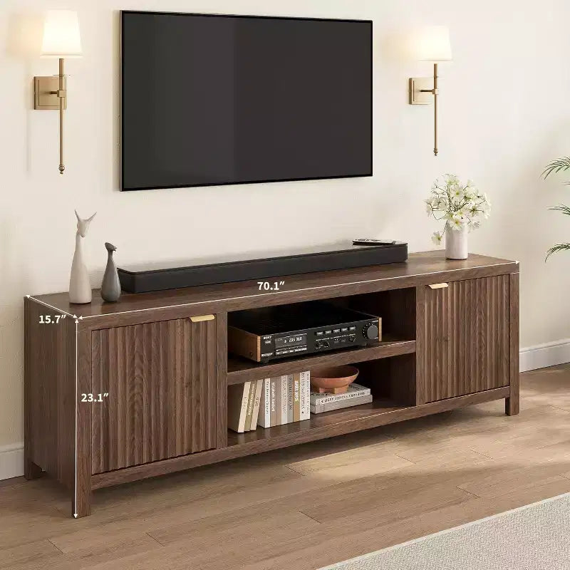 Meuble TV cannelé en bois avec étagères réglables pour téléviseurs jusqu'à 80 pouces