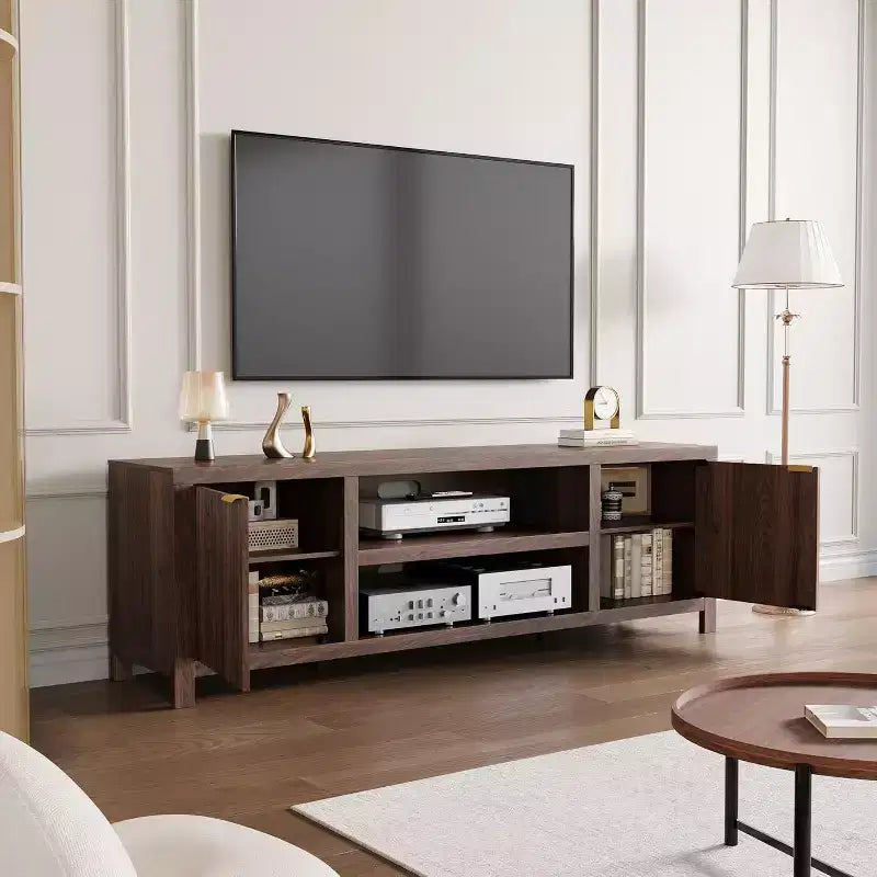 Meuble TV cannelé en bois avec étagères réglables pour téléviseurs jusqu'à 80 pouces
