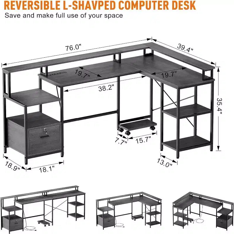 Bureau d'angle en MDF avec prise de courant et étagère pour écran 76"W
