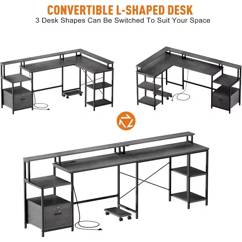 Bureau d'angle en MDF avec prise de courant et étagère pour écran 76"W
