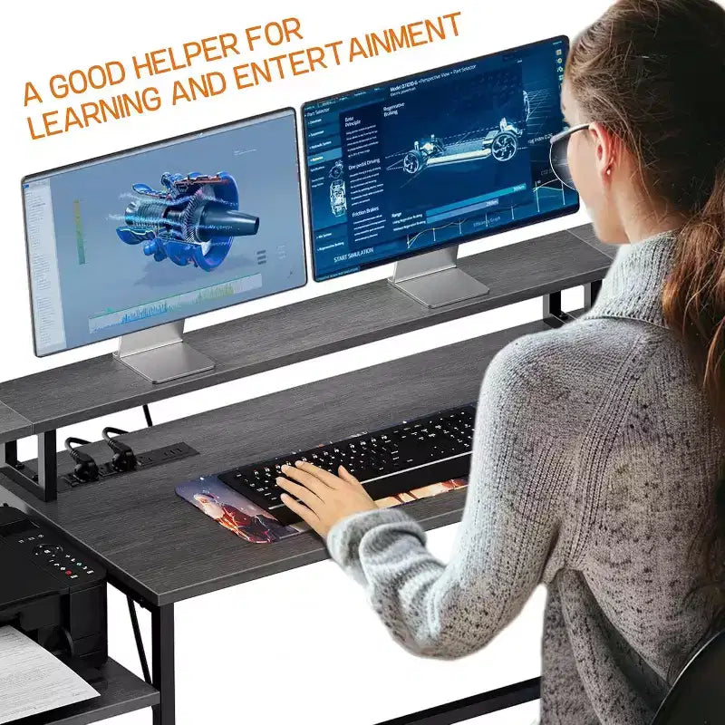 Bureau d'angle en MDF avec prise de courant et étagère pour écran 76"W
