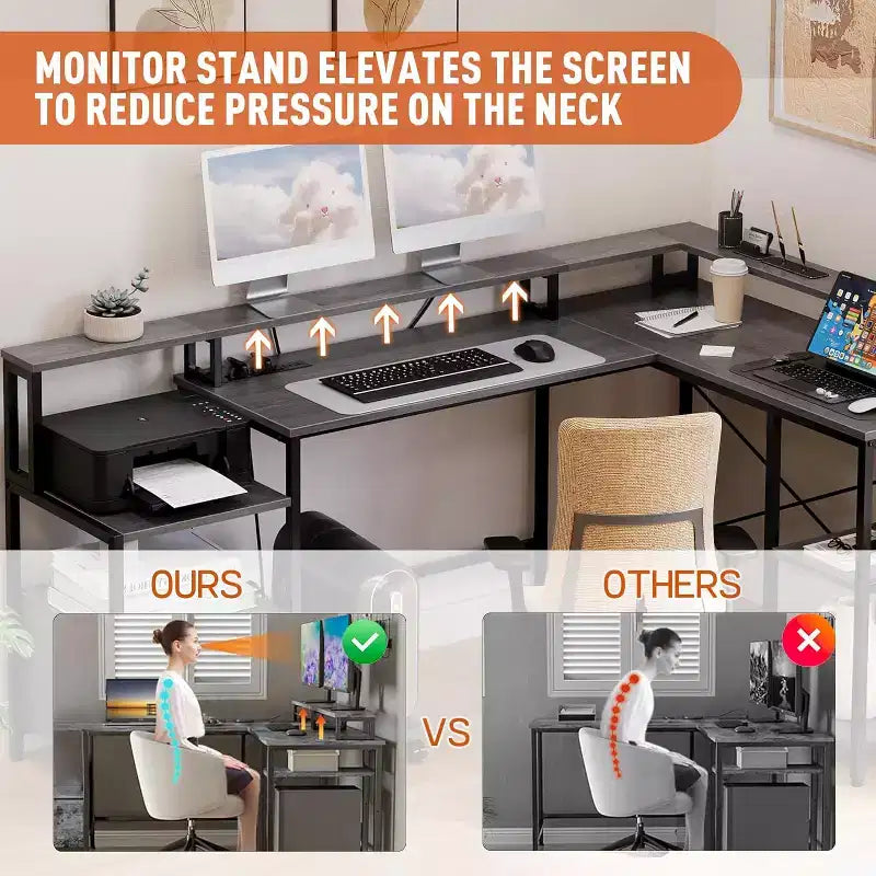 Bureau d'angle en MDF avec prise de courant et étagère pour écran 76"W