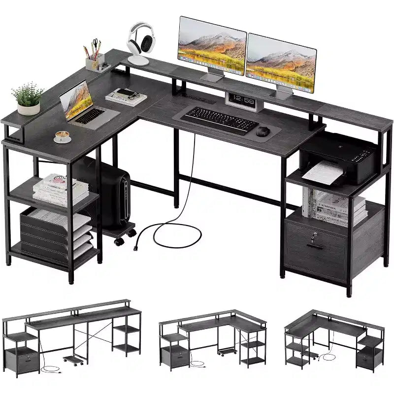 Bureau d'angle en MDF avec prise de courant et étagère pour écran 76"W