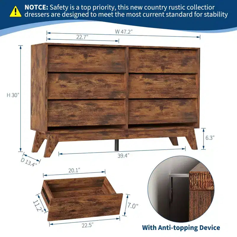 Commode 6 tiroirs en bois avec design biseauté 57 po L