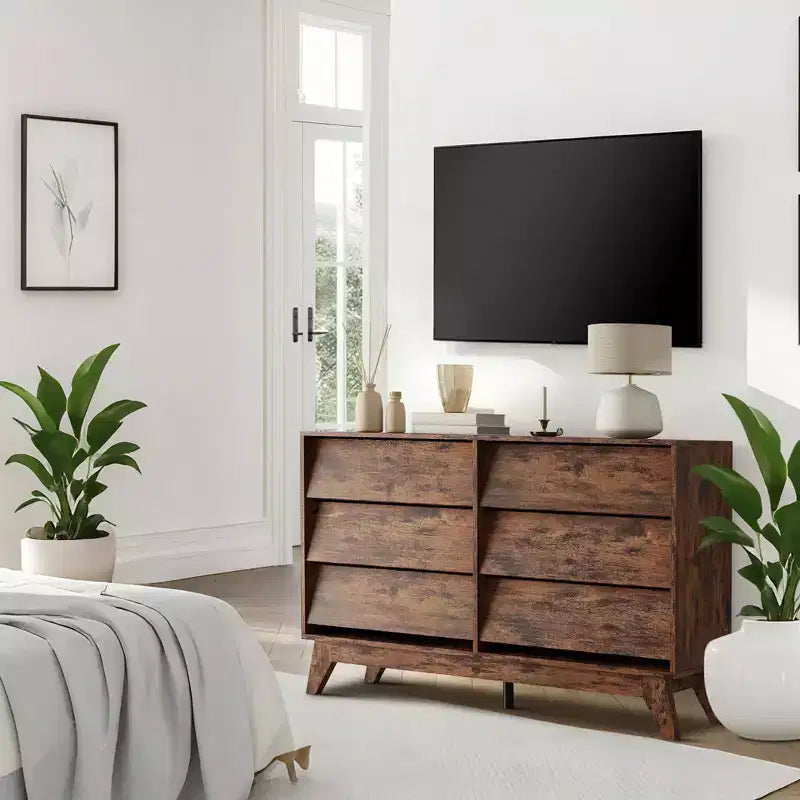 Commode 6 tiroirs en bois avec design biseauté 57 po L