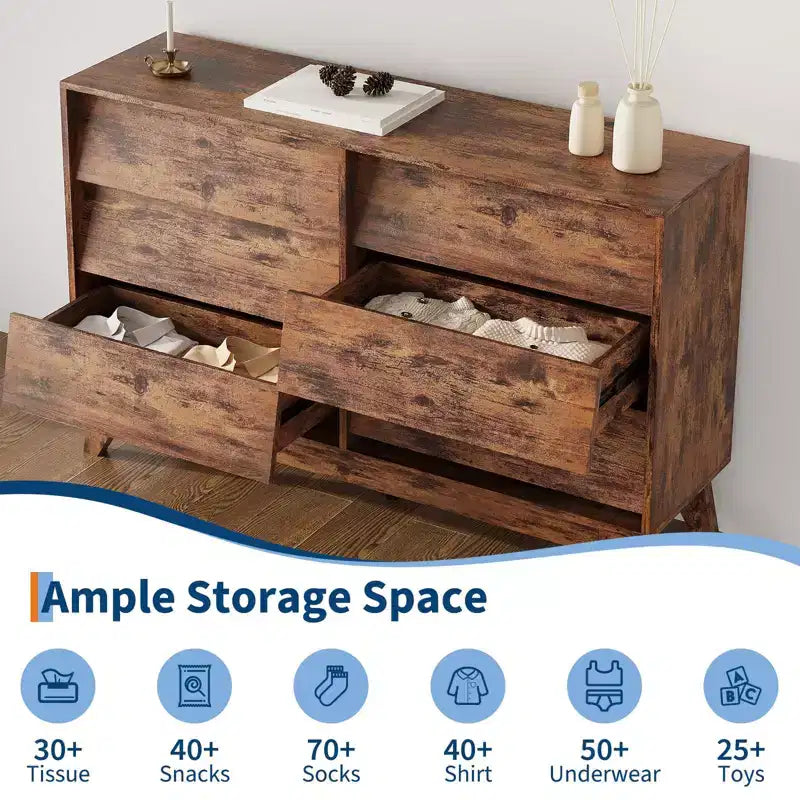 Commode 6 tiroirs en bois avec design biseauté 57 po L
