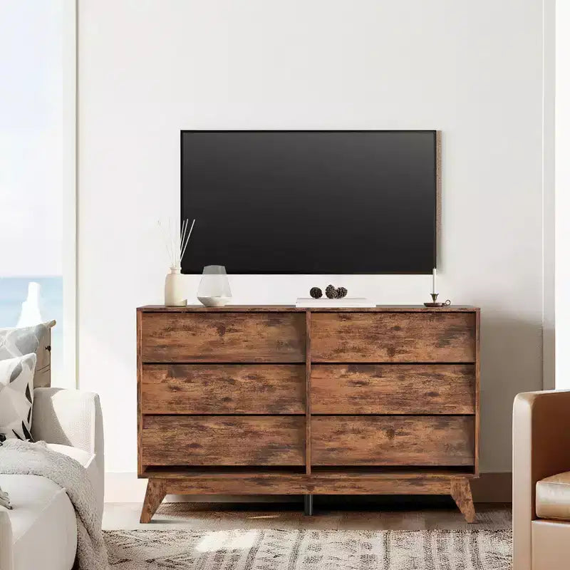 Commode 6 tiroirs en bois avec design biseauté 57 po L