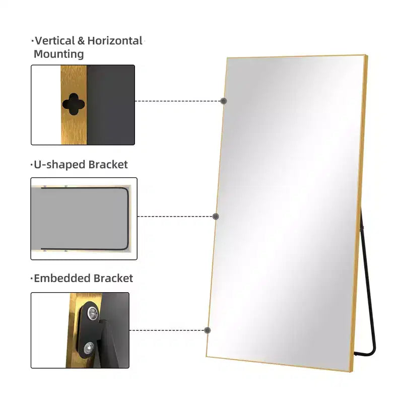 Miroir pleine longueur en alliage d'aluminium avec support 71"H × 31"L