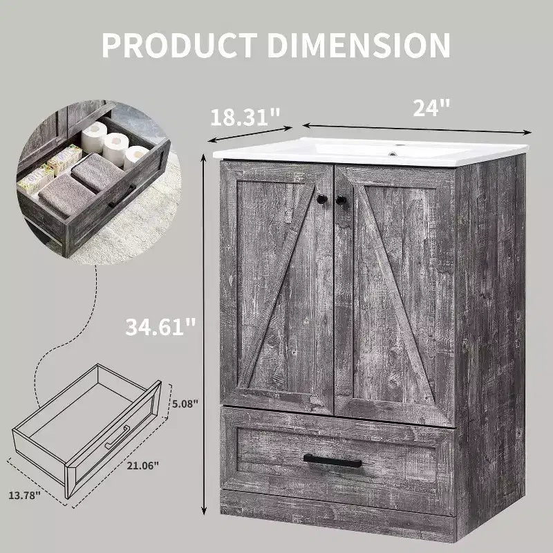 Meuble-lavabo de salle de bain en bois avec évier et tiroir de rangement, 61 cm de large