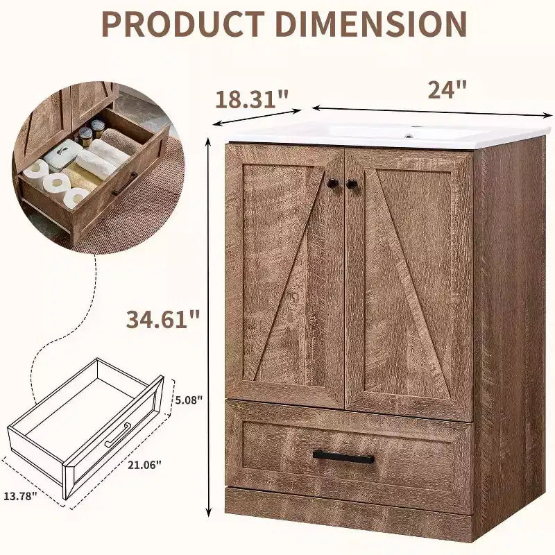Meuble-lavabo de salle de bain en bois avec évier et tiroir de rangement, 61 cm de large