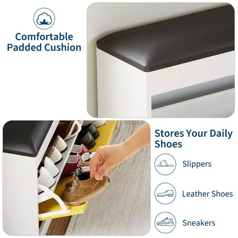 Banc à chaussures en MDF avec coussin en PU et tiroir basculant 80 cm (l)