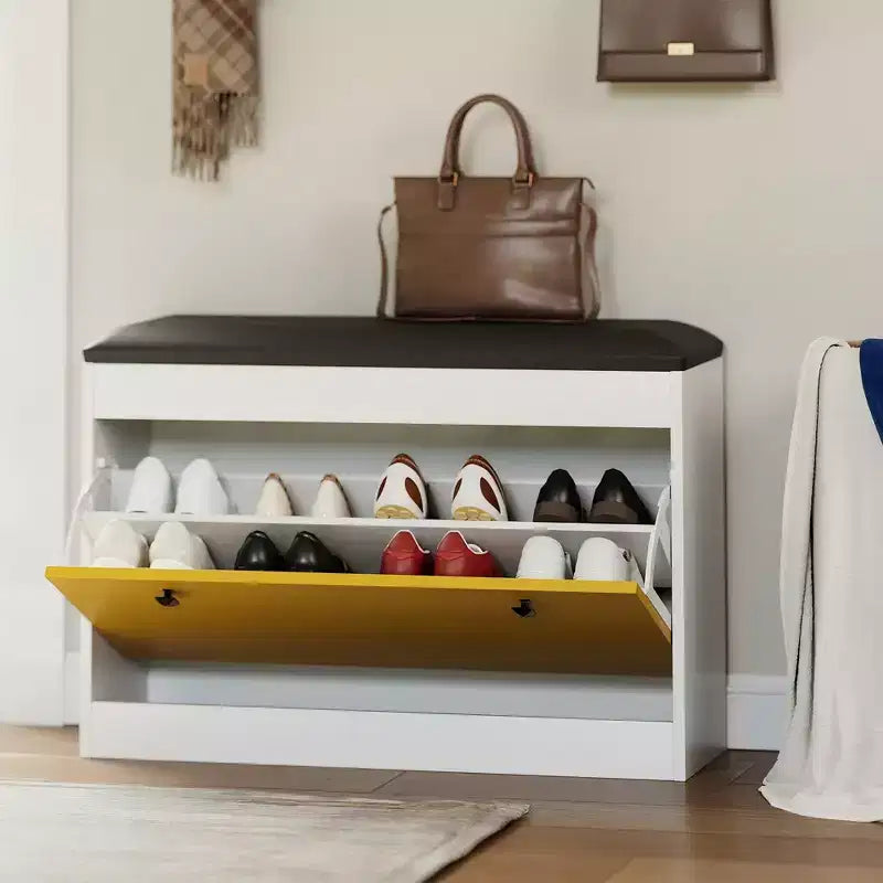 Banc à chaussures en MDF avec coussin en PU et tiroir basculant 80 cm (l)