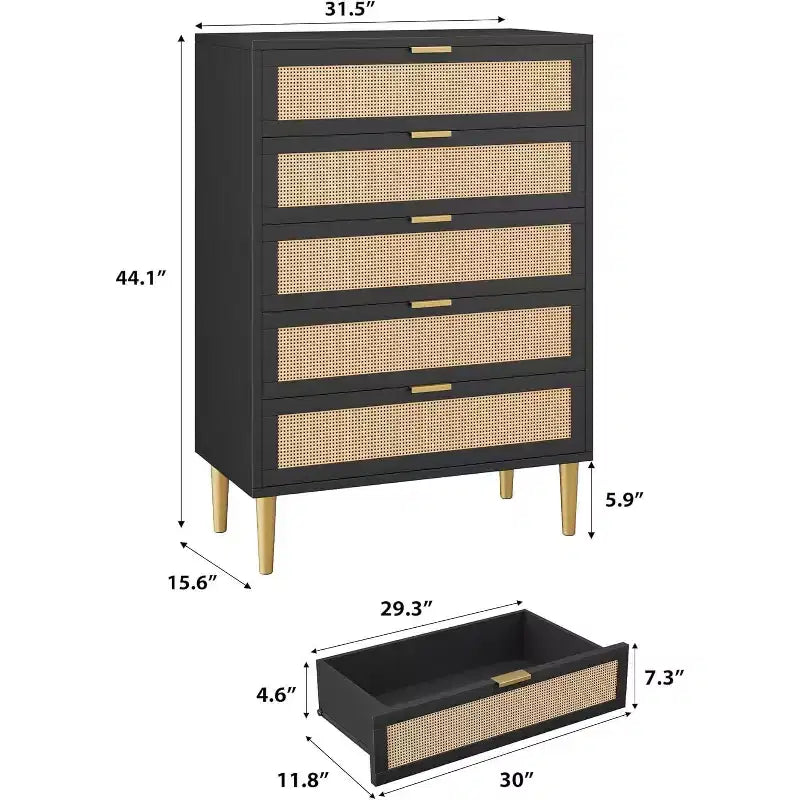 Commode 5 tiroirs en bois et rotin avec pieds en métal 112 cm H