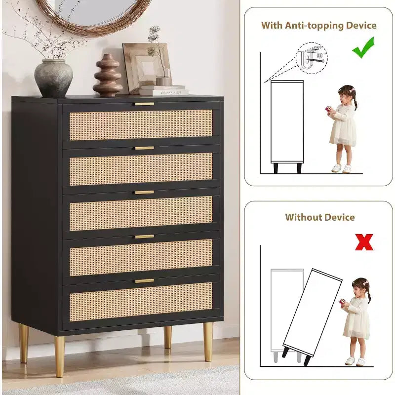 Commode 5 tiroirs en bois et rotin avec pieds en métal 112 cm H