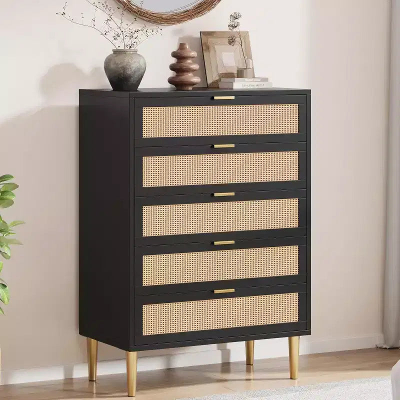 Commode 5 tiroirs en bois et rotin avec pieds en métal 112 cm H