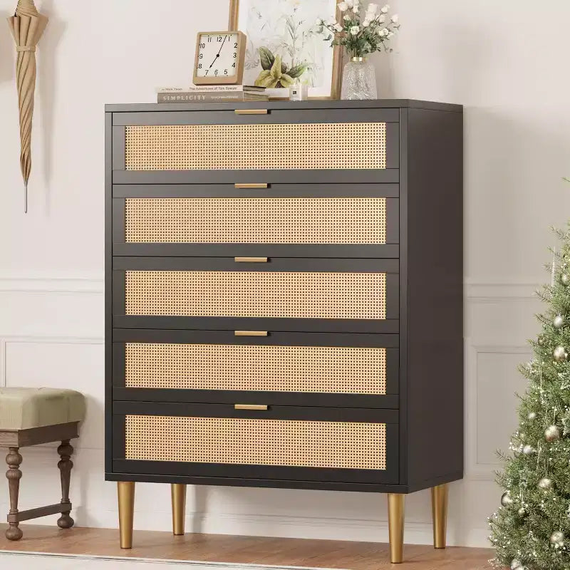 Commode 5 tiroirs en bois et rotin avec pieds en métal 112 cm H