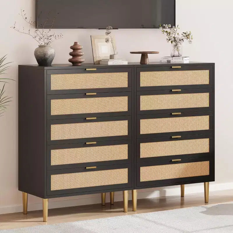 Commode 5 tiroirs en bois et rotin avec pieds en métal 112 cm H