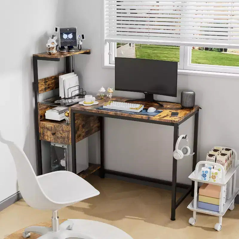 Bureau d'ordinateur en MDF avec tiroirs et étagères ouvertes