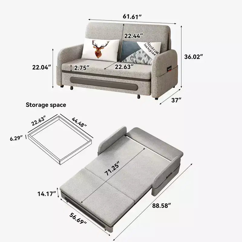 Canapé-lit convertible en lin avec rangement caché 61,61"L