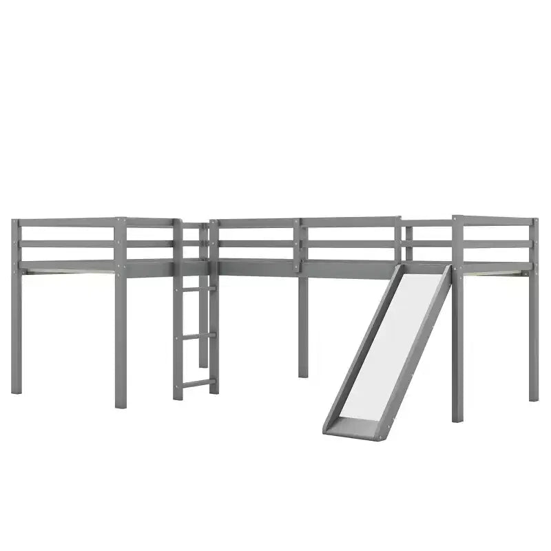 Lit mezzanine double en L en pin avec toboggan 118,2"L × 77,8"l