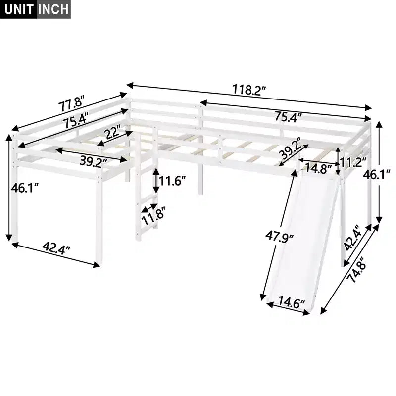 Lit mezzanine double en L en pin avec toboggan 118,2"L × 77,8"l
