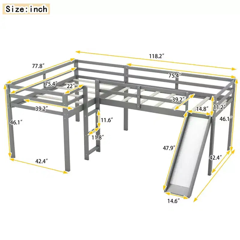 Lit mezzanine double en L en pin avec toboggan 118,2"L × 77,8"l