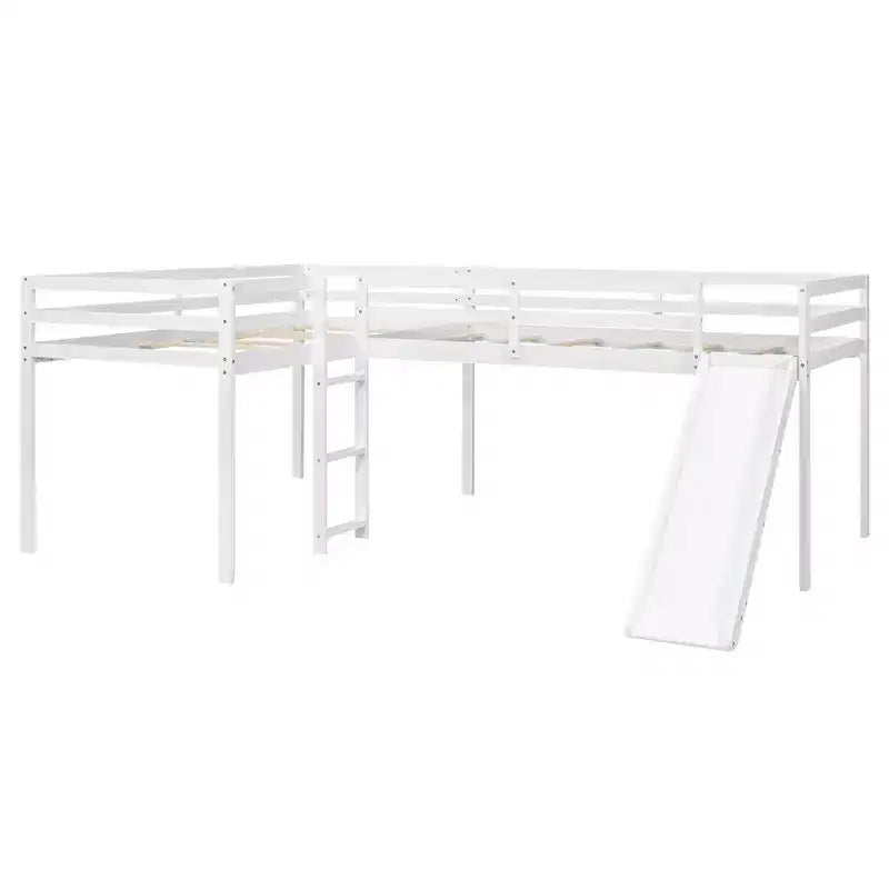 Lit mezzanine double en L en pin avec toboggan 118,2"L × 77,8"l
