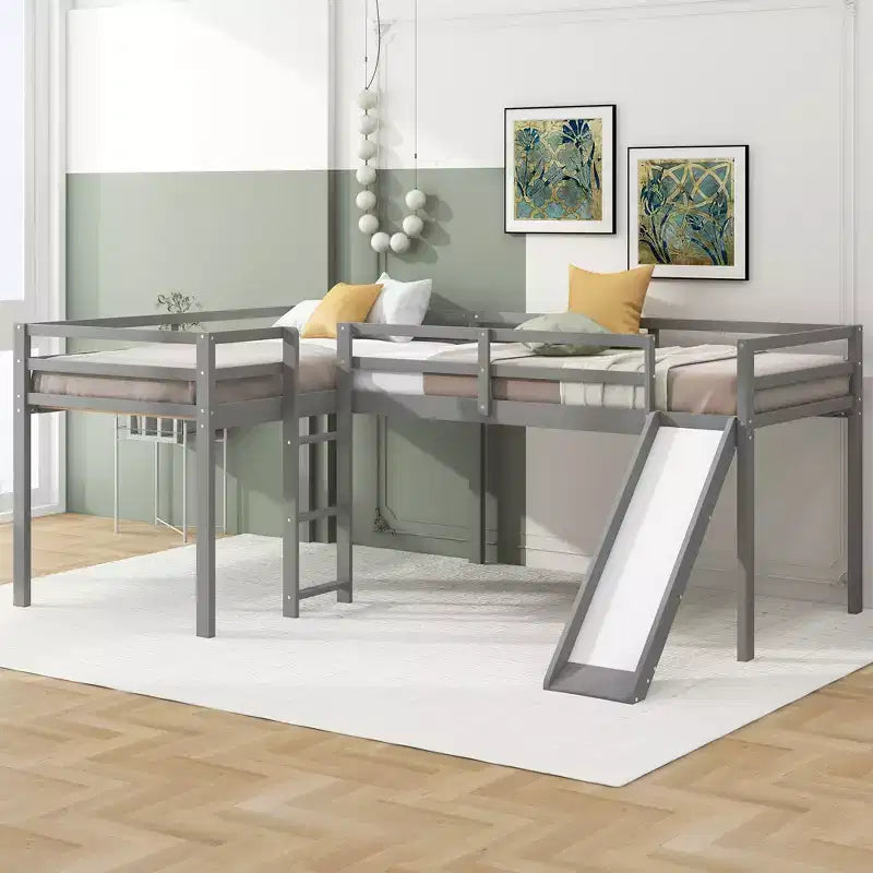 Lit mezzanine double en L en pin avec toboggan 118,2"L × 77,8"l