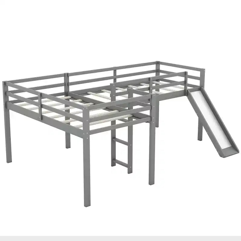 Lit mezzanine double en L en pin avec toboggan 118,2"L × 77,8"l