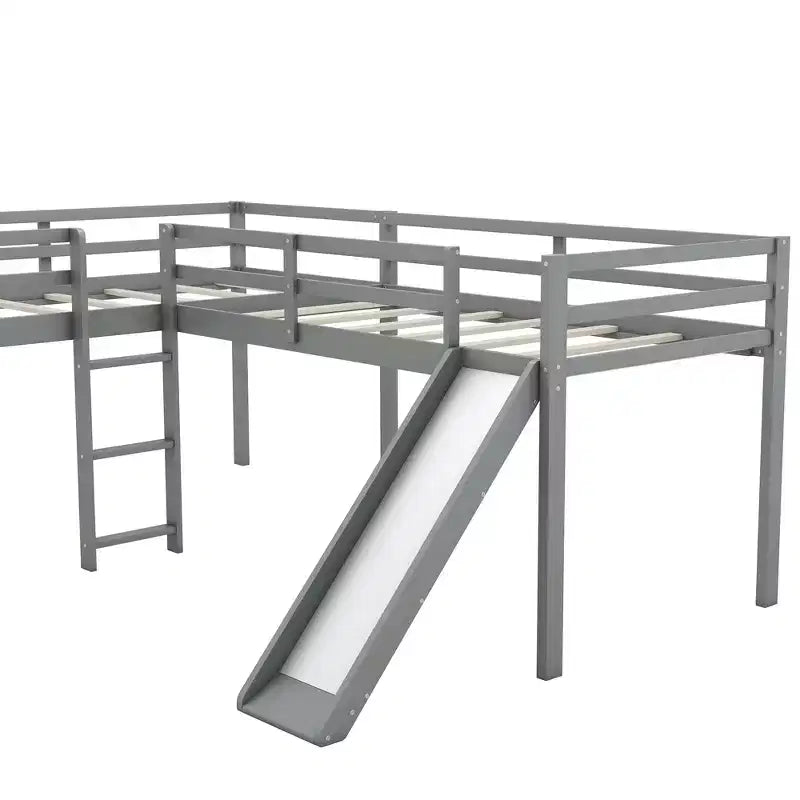 Lit mezzanine double en L en pin avec toboggan 118,2"L × 77,8"l