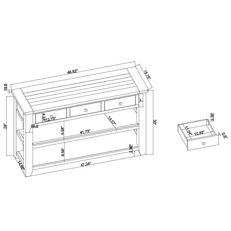 Console en pin massif avec 3 tiroirs de 122 cm de large