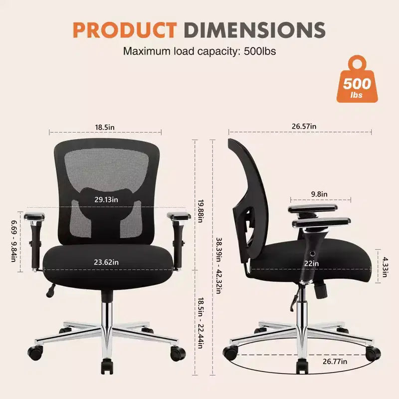 Chaise de bureau pivotante en maille réglable avec accoudoirs, hauteur d'assise de 25 po