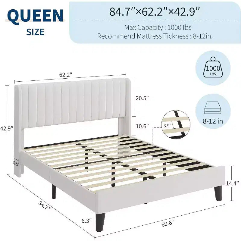 Cadre de lit plateforme en velours capitonné avec tête de lit à oreilles Queen