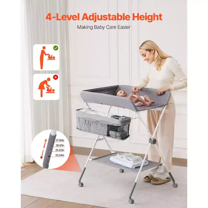 Table à langer pliable en métal avec roulettes verrouillables de 109 cm de haut