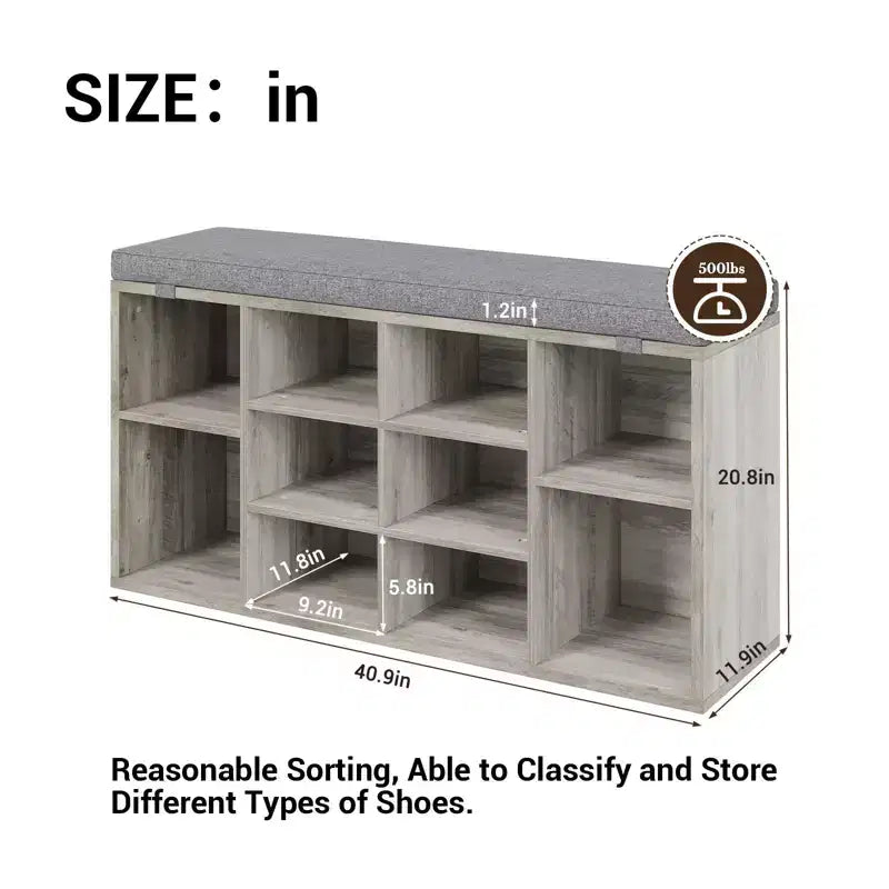 Banc de rangement à chaussures en bois avec coussin 104 cm L × 10 casiers