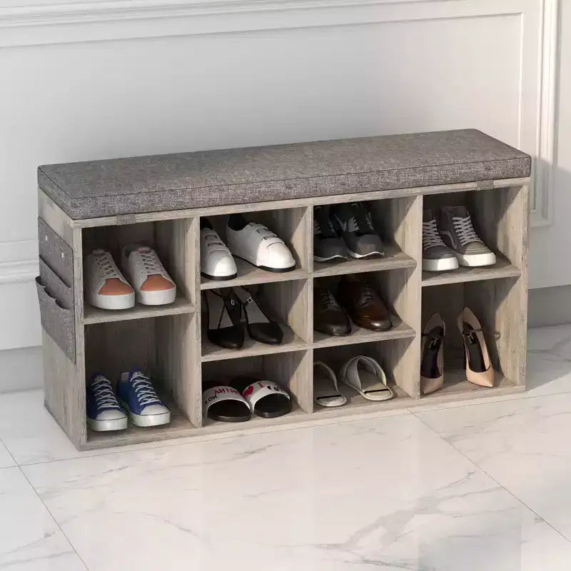 Banc de rangement à chaussures en bois avec coussin 104 cm L × 10 casiers