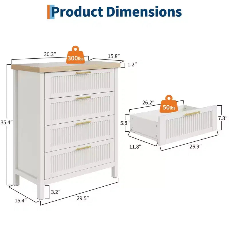Commode 4 tiroirs cannelés en MDF 77 cm L × 90 cm H