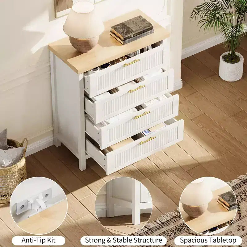 Commode 4 tiroirs cannelés en MDF 77 cm L × 90 cm H