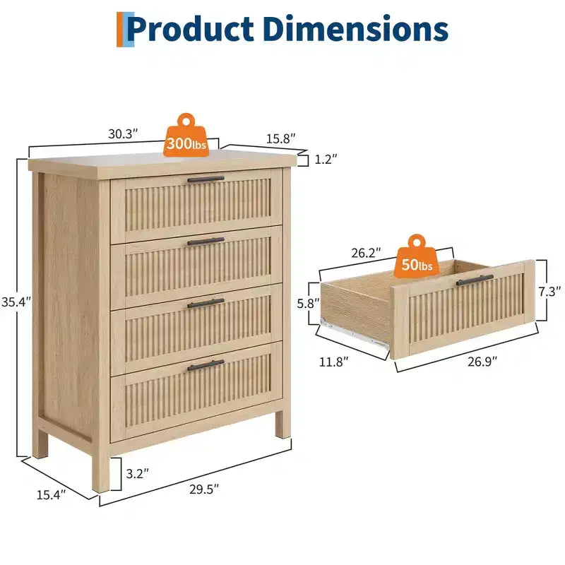 Commode 4 tiroirs cannelés en MDF 77 cm L × 90 cm H