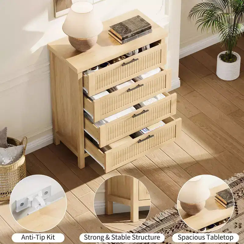 Commode 4 tiroirs cannelés en MDF 77 cm L × 90 cm H