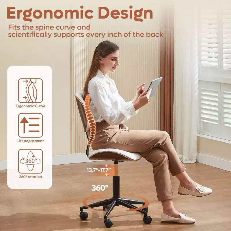 Chaise de bureau sans accoudoirs en similicuir et bois courbé, hauteur 43,31 po