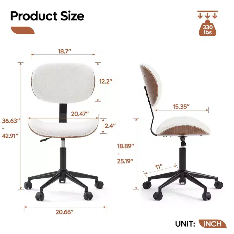 Chaise de bureau sans accoudoirs en similicuir et bois courbé, hauteur 43,31 po