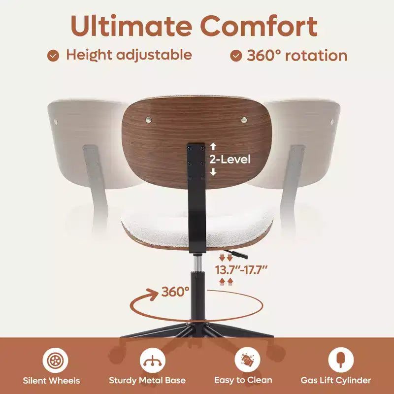 Chaise de bureau sans accoudoirs en similicuir et bois courbé, hauteur 43,31 po